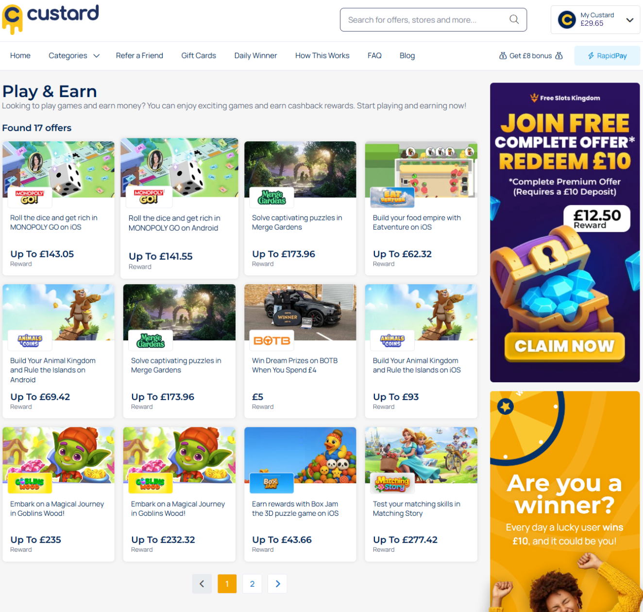 Custard Play and Earn section - Get paid to play games on mobile including Monopoly GO, Merge Gardens, Goblins Wood and more. Earn up to £277 per offer on UK GPT site
