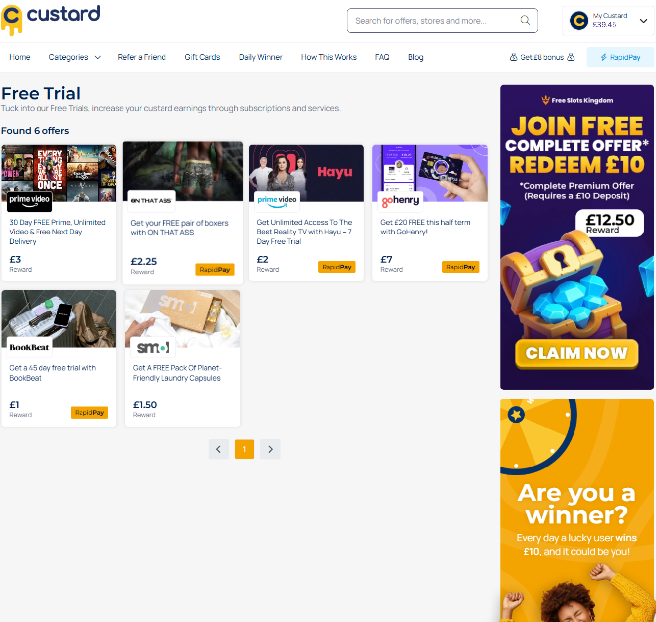 Custard Free Trials offers - Get paid for trying free trials including Prime Video, Hayu, GoHenry, BookBeat and smol. Earn cash rewards on UK GPT rewards platform